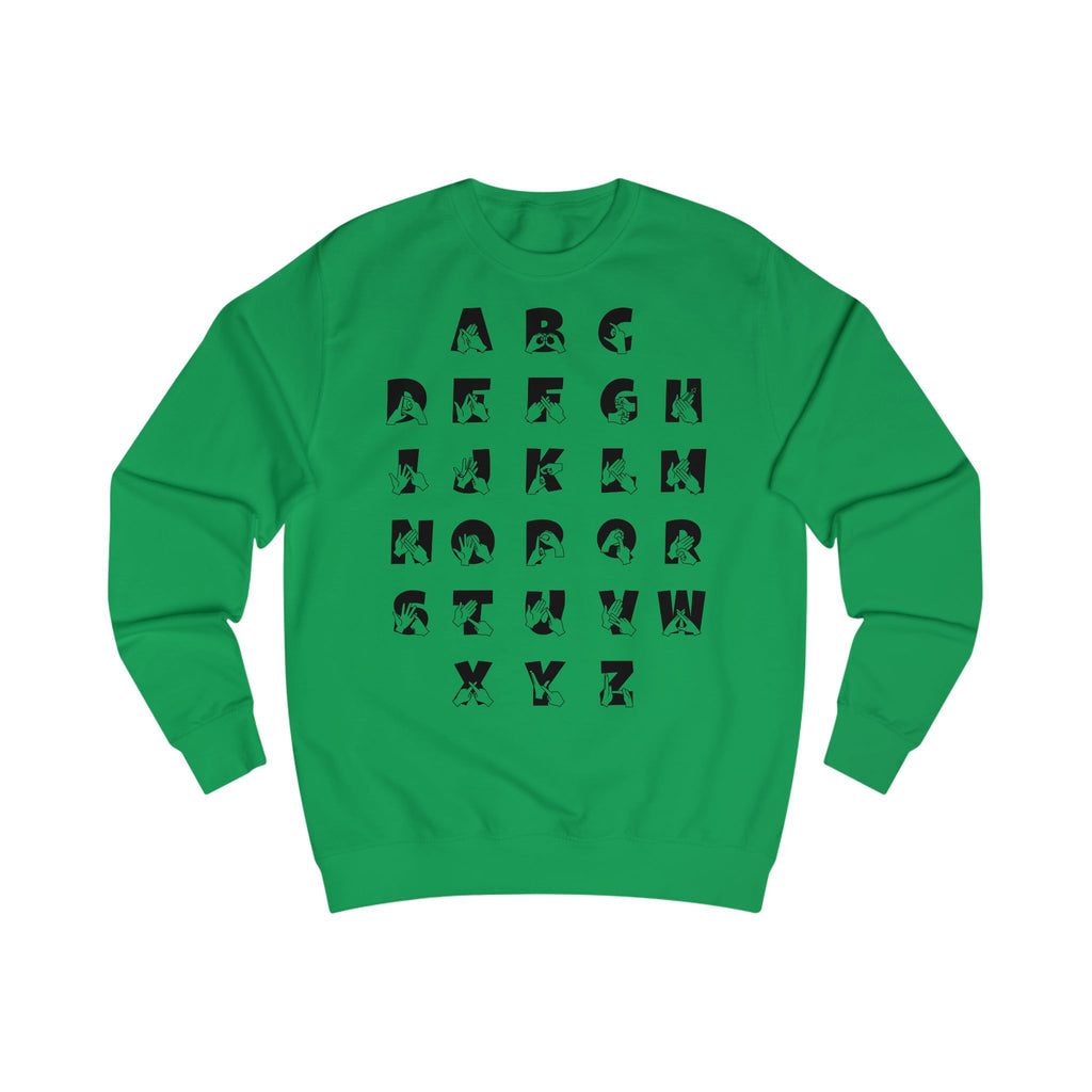 Front view of a kelly green sweatshirt with BSL Alphabet - Black Fingerspelling & Text