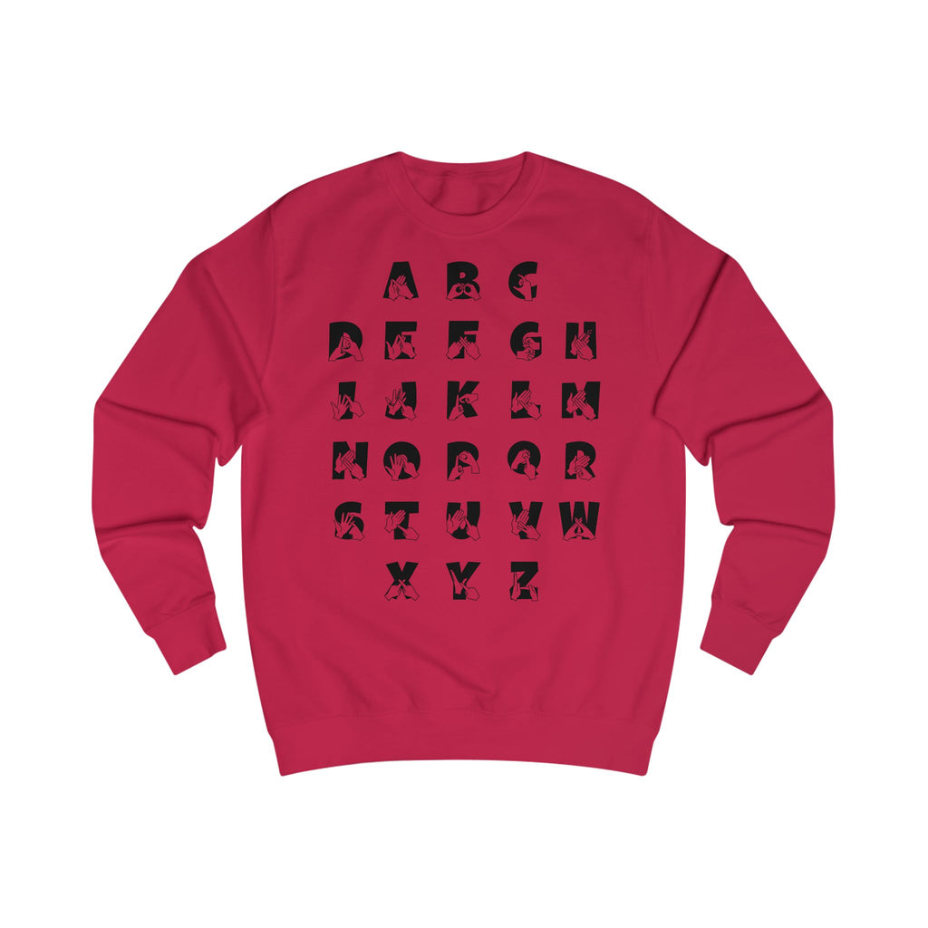 Front view of a fire red sweatshirt with BSL Alphabet - Black Fingerspelling & Text
