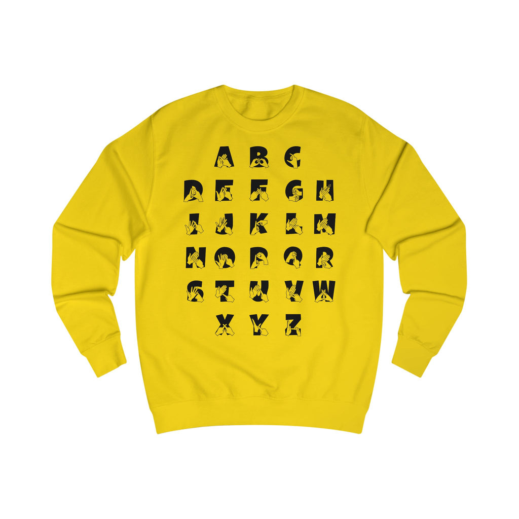 Front view of a sun yellow sweatshirt with BSL Alphabet - Black Fingerspelling & Text
