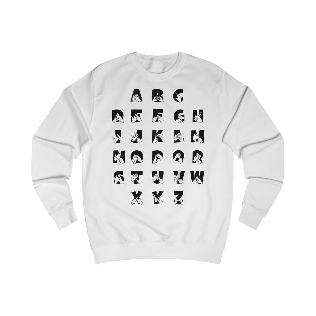 Front view of a white sweatshirt with BSL Alphabet - Black Fingerspelling & Text
