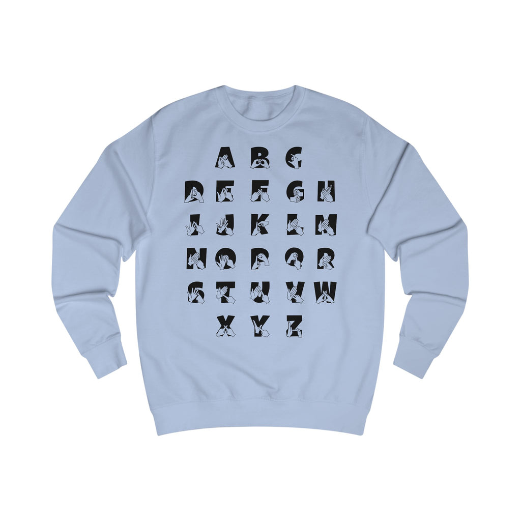 Front view of a sky blue sweatshirt with BSL Alphabet - Black Fingerspelling & Text