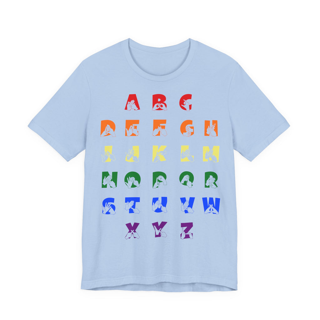 Front view of a baby blue t-shirt with BSL Alphabet - Pride Fingerspelling & Text