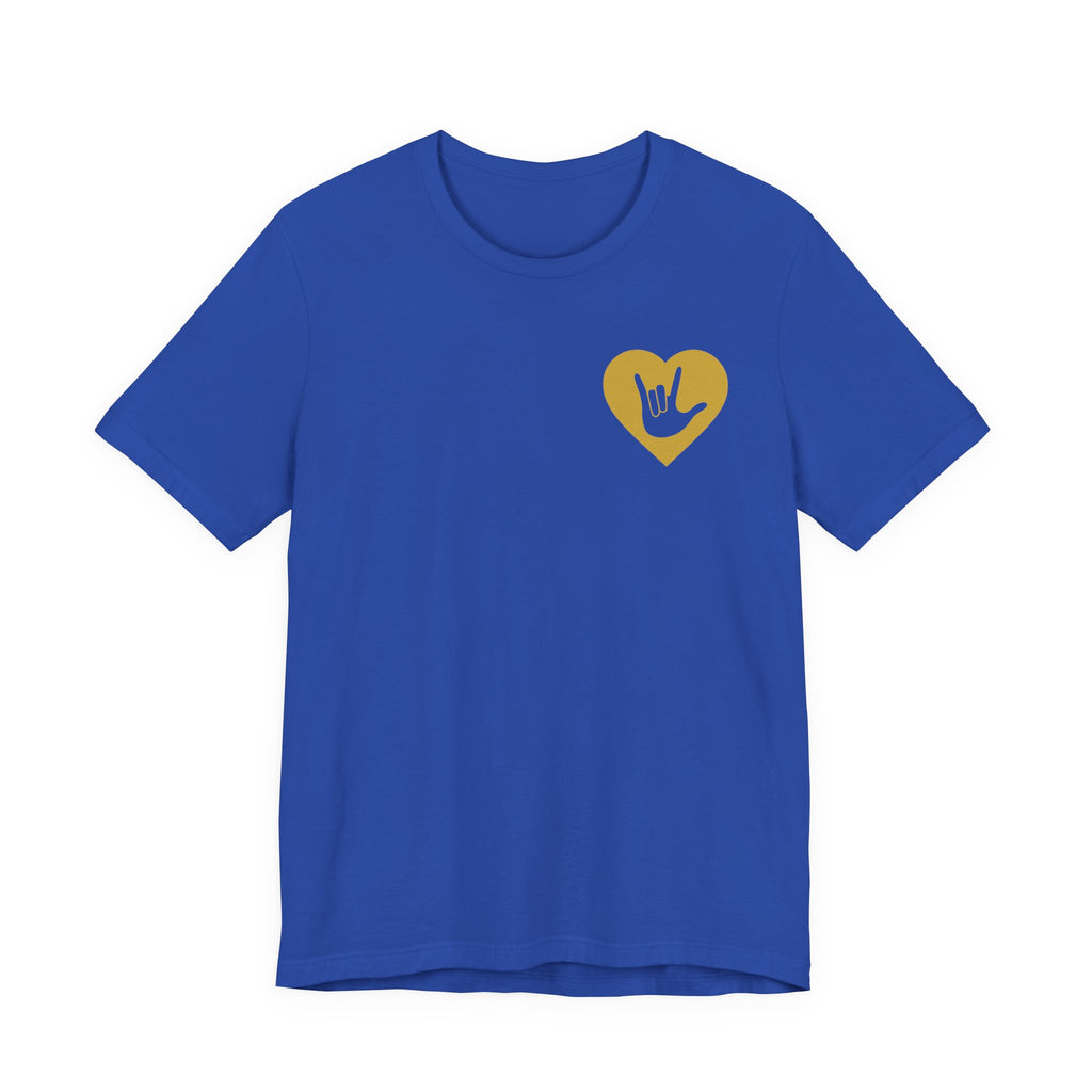 Front view of a true royal T-Shirt showing a gold coloured heart and the iconic ASL I Love You sign embedded in it on the left side of the chest