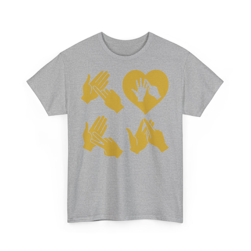 Front view of a sport grey T-Shirt with the word Love in gold BSL Fingerspelling with the 'O' embedded in a heart shape