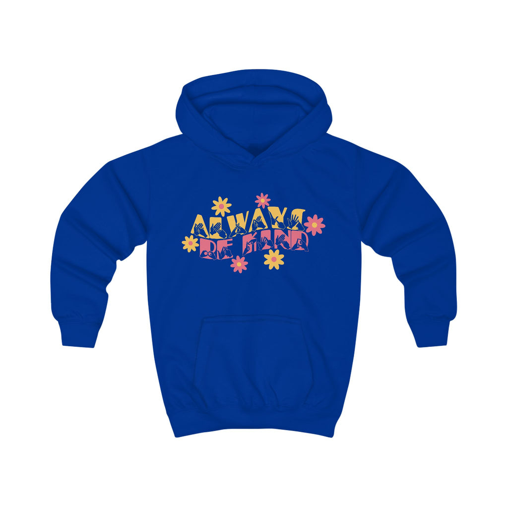 Royal blue hoodie with ‘Always Be Kind’ in BSL fingerspelling and text, accented by a floral design