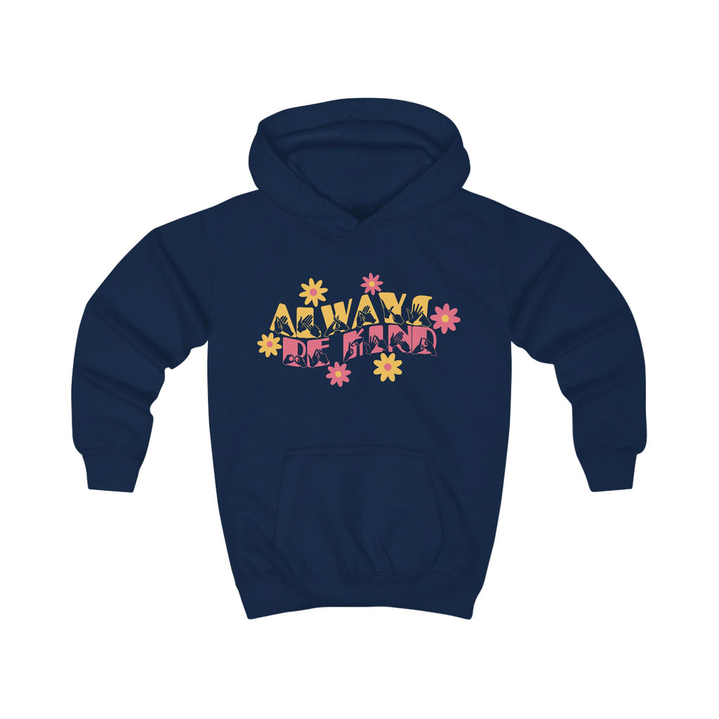Oxford navy hoodie with ‘Always Be Kind’ in BSL fingerspelling and text, accented by a floral design