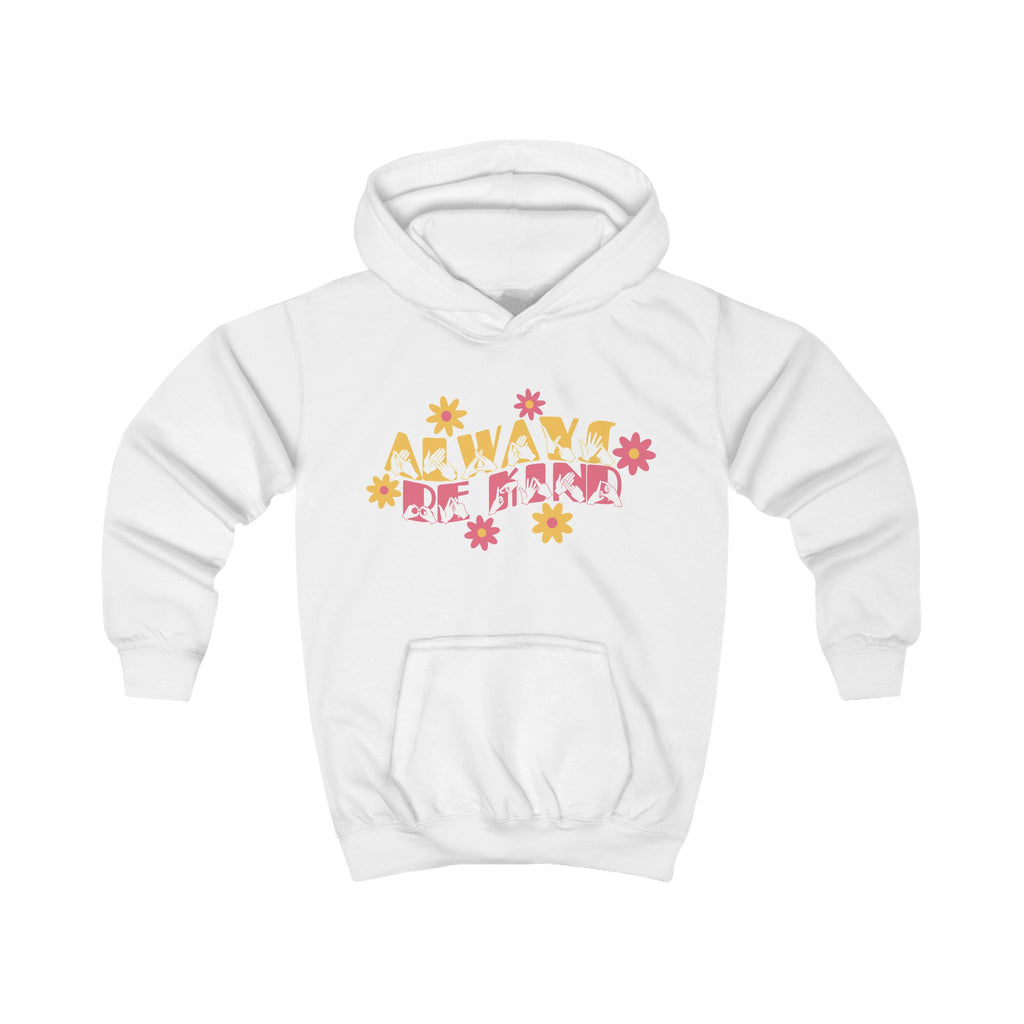 Arctic white hoodie with ‘Always Be Kind’ in BSL fingerspelling and text, accented by a floral design