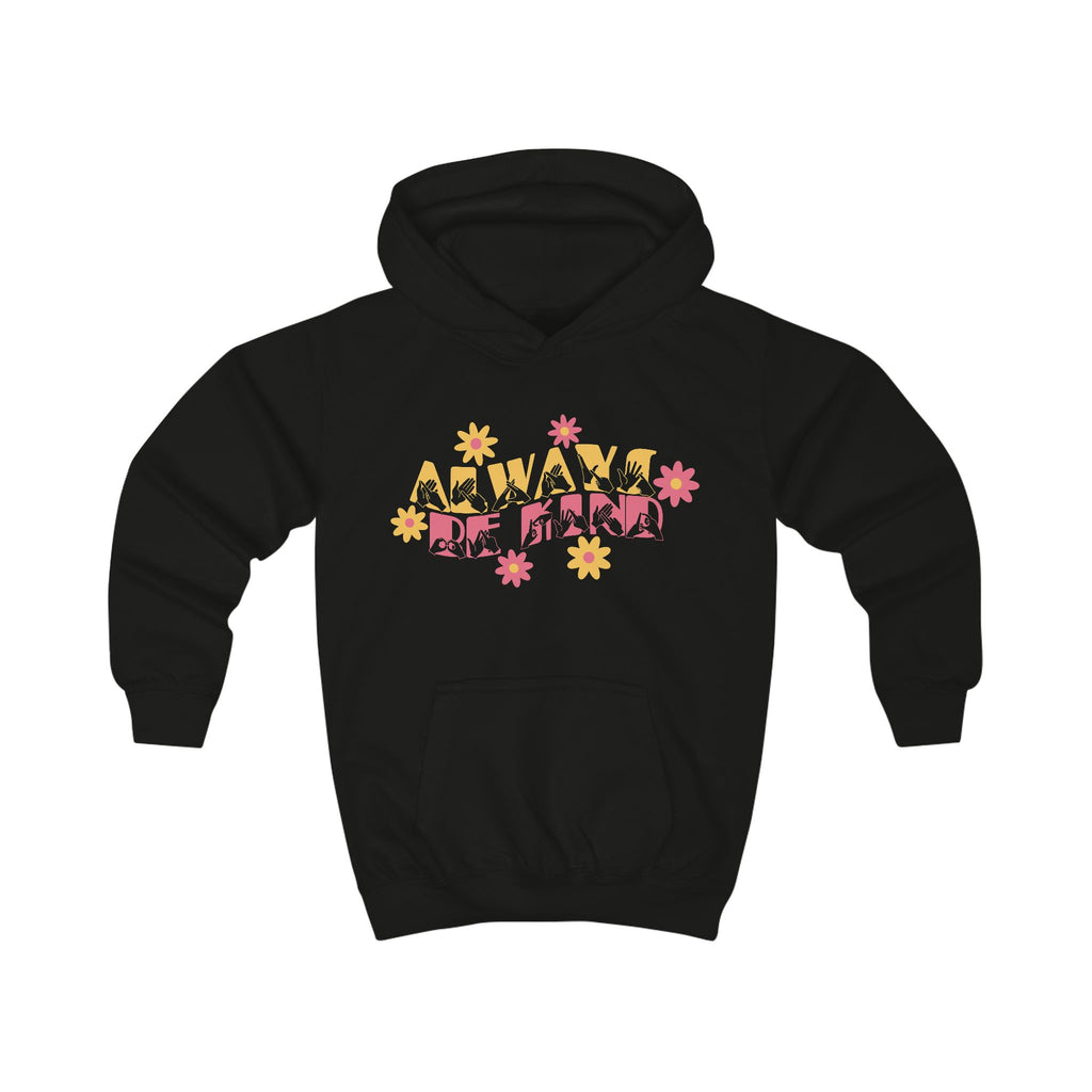 Jet black hoodie with ‘Always Be Kind’ in BSL fingerspelling and text, accented by a floral design