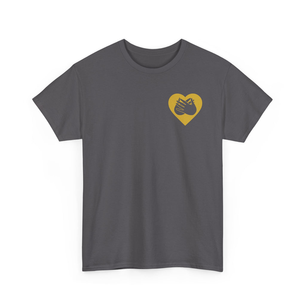 Front view of a charcoal T-Shirt showing a gold coloured heart and the iconic BSL Love sign embedded in it on the left side of the chest