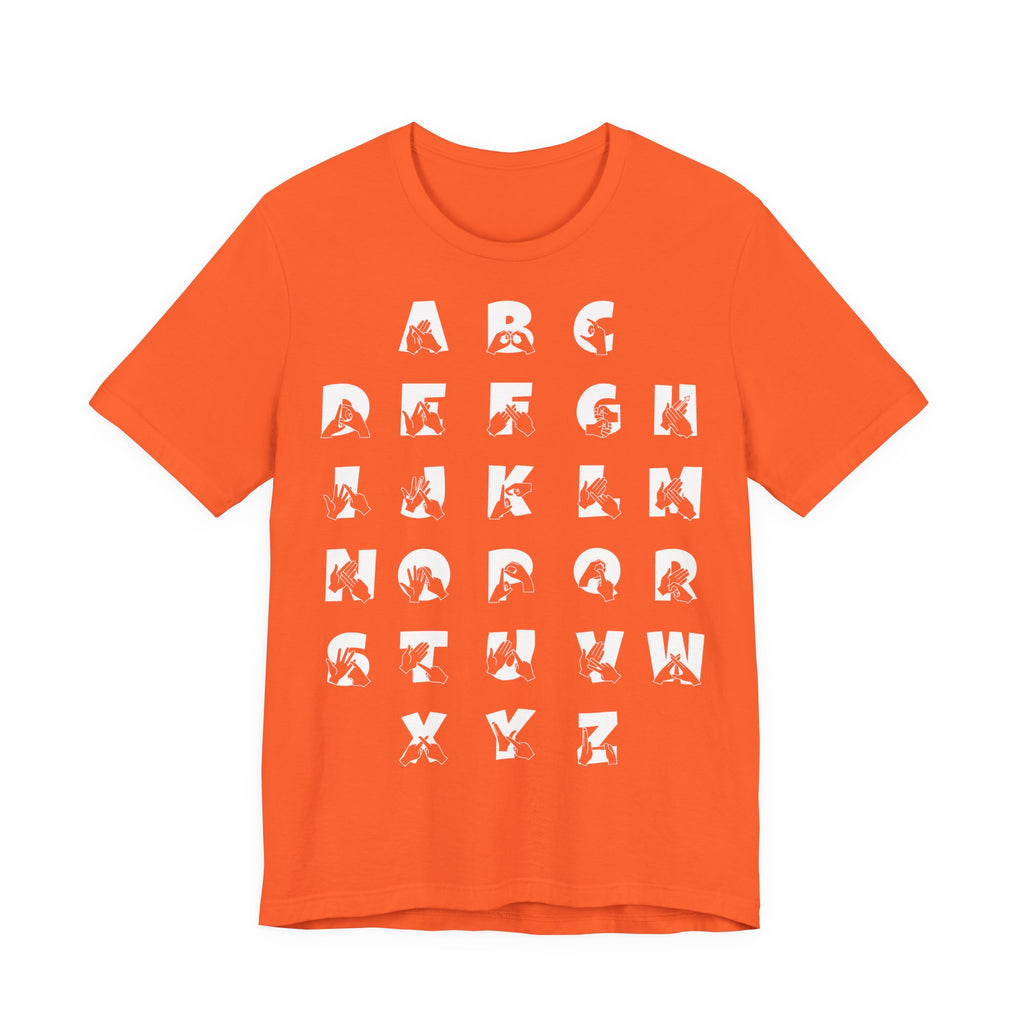 Front view of a orange t-shirt with BSL Alphabet - White Fingerspelling & Text