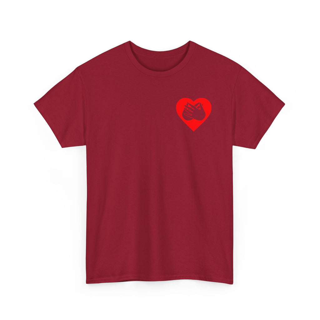 Front view of a cardinal red T-Shirt showing a red coloured heart and the iconic BSL Love sign embedded in it on the left side of the chest