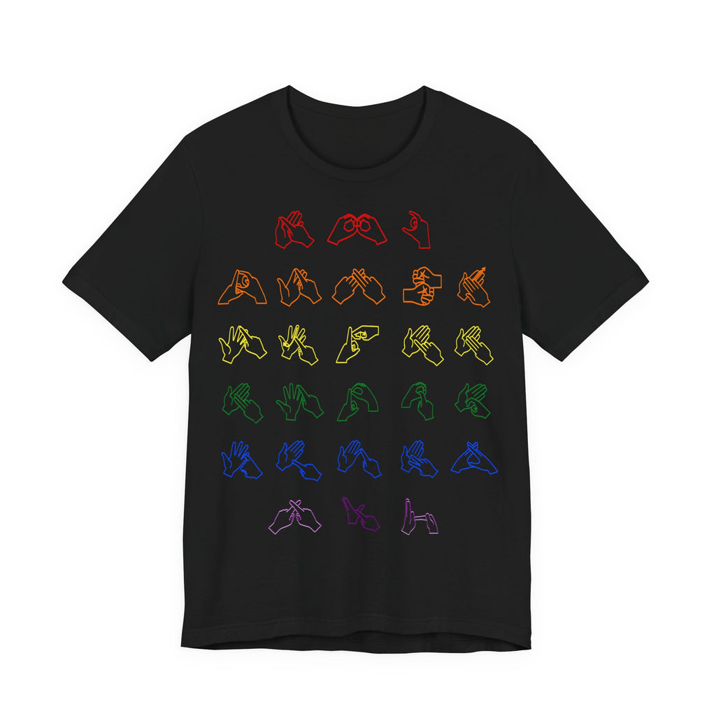 Front view of a black t-shirt with BSL Alphabet - Pride Fingerspelling