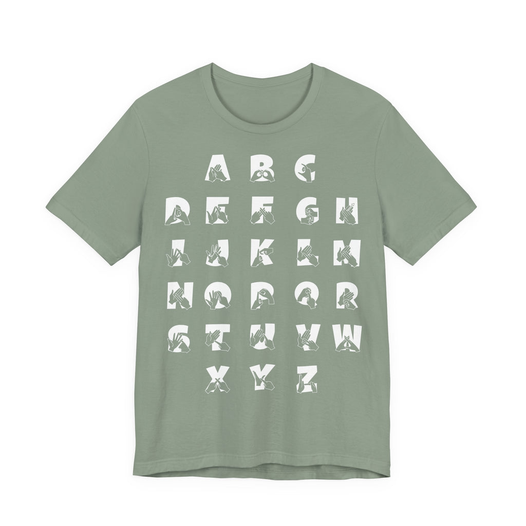 Front view of a sage t-shirt with BSL Alphabet - White Fingerspelling & Text