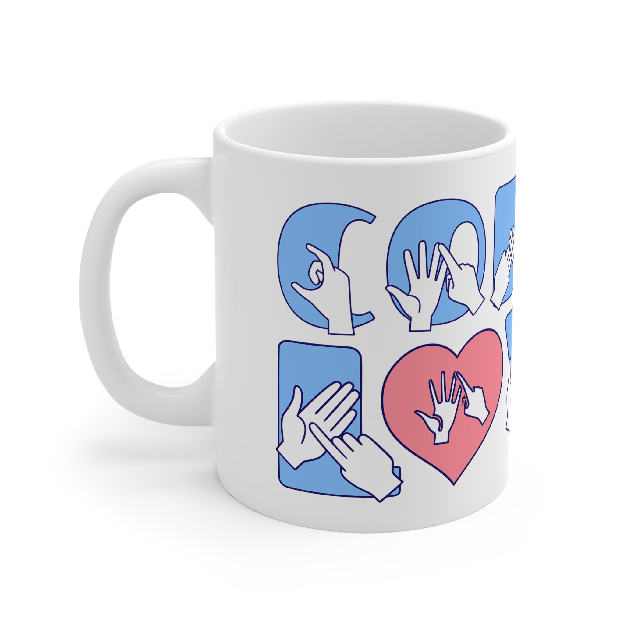 White mug featuring the phrase Coffee Lover written in BSL Fingerspelling and Text wrapping around the mug in blue. The mug handle is on the left hand side of the mug.