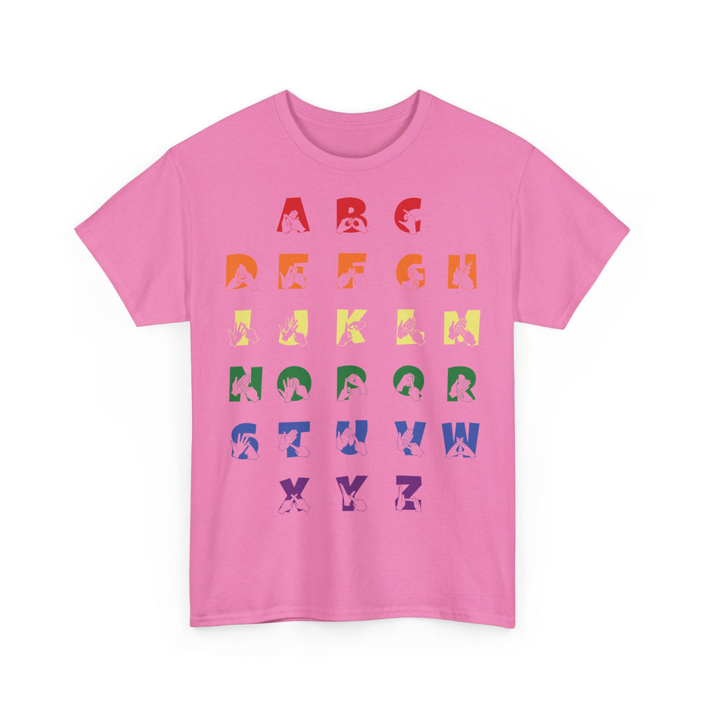 Front view of a Azalea t-shirt with BSL Alphabet - Pride Fingerspelling & Text