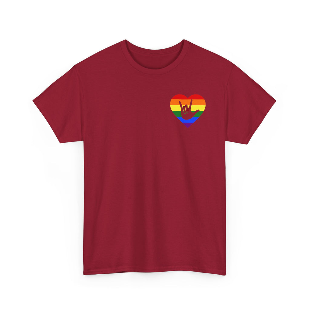 Front view of a cardinal red T-Shirt showing a pride coloured heart and the iconic ASL I Love You sign embedded in it on the left side of the chest