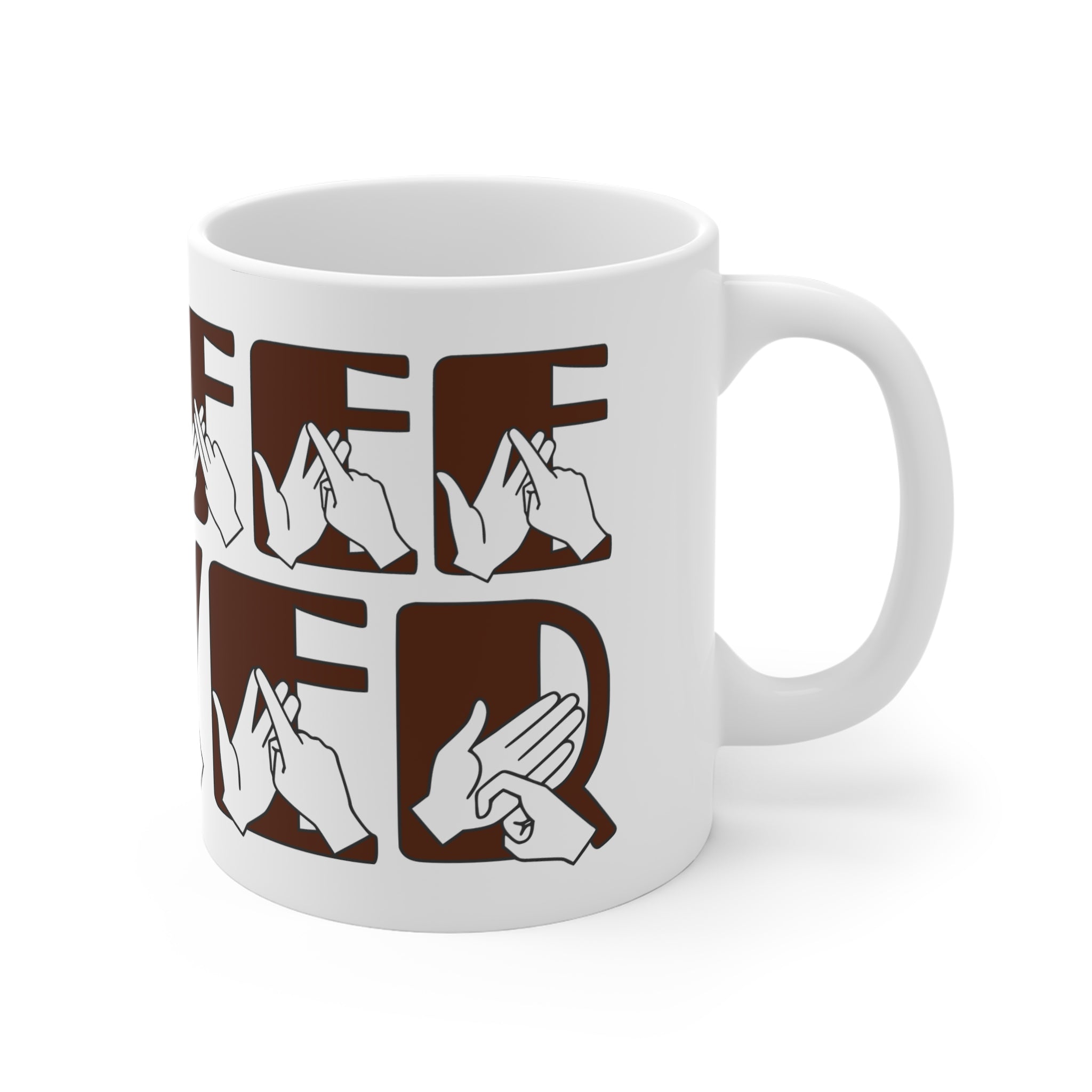 White mug featuring the phrase Coffee Lover written in BSL Fingerspelling and Text wrapping around the mug in brown. The mug handle is on the right hand side of the mug.