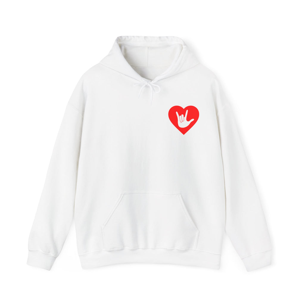 Front view of a white hoodie showing a red coloured heart and the iconic ASL I Love You sign embedded in it on the left side of the chest