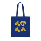 Royal blue Tote Bag with the word Love in gold BSL Fingerspelling with the 'O' embedded in a heart shape