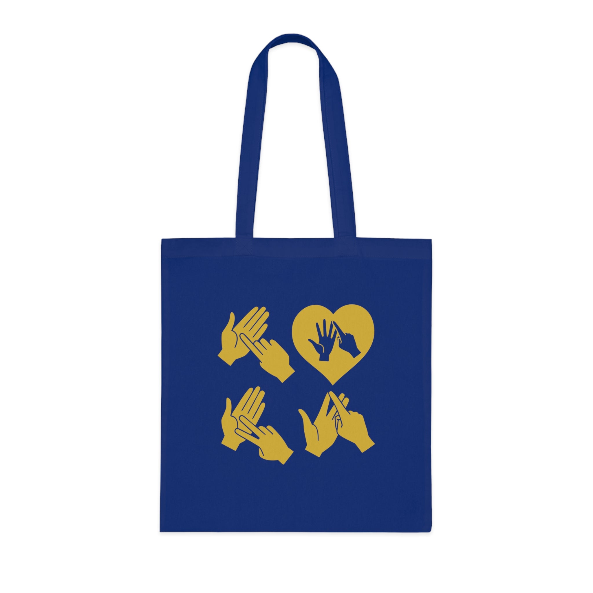 Royal blue Tote Bag with the word Love in gold BSL Fingerspelling with the 'O' embedded in a heart shape