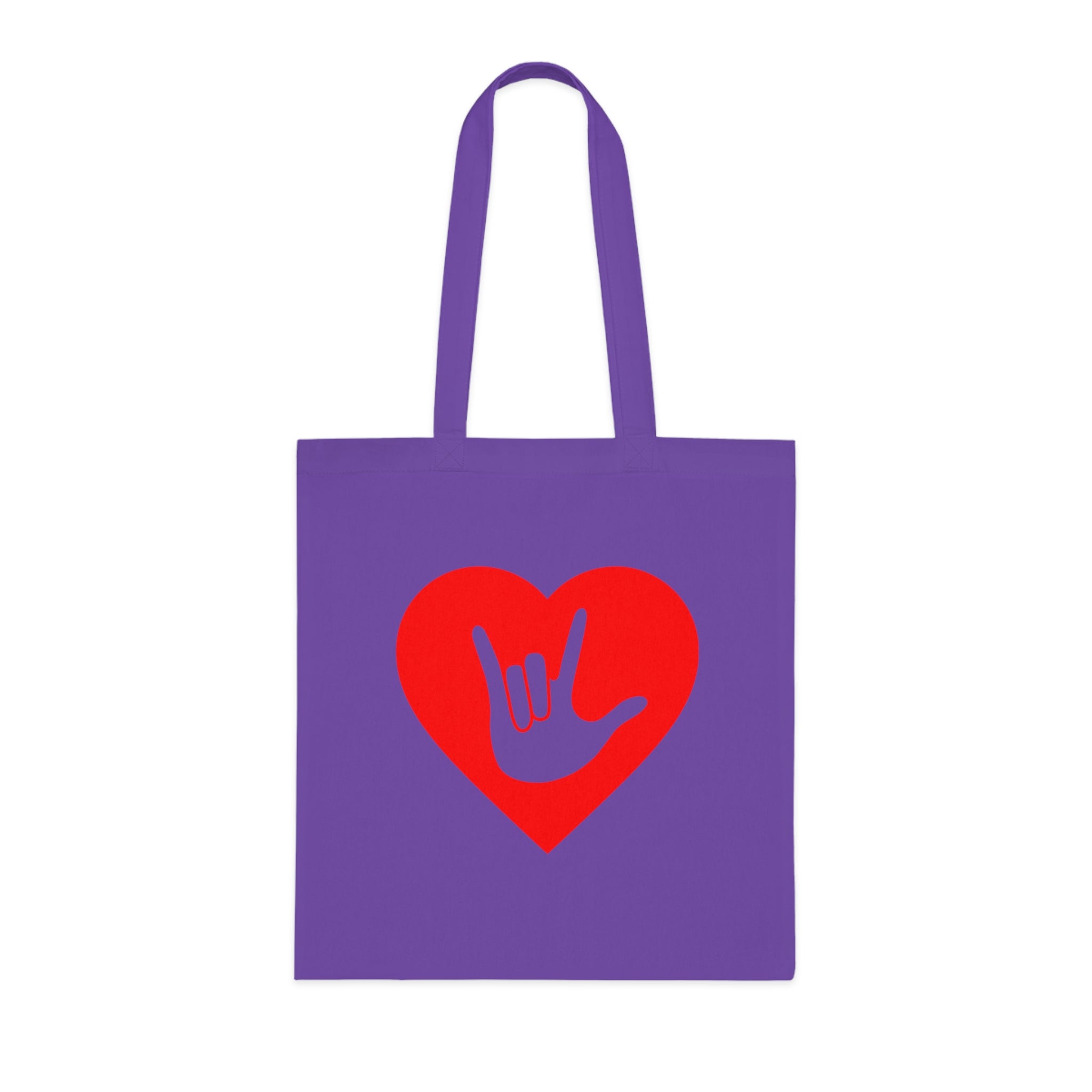 Lavender Tote Bag showing a gold coloured heart with the iconic ASL I Love You sign embedded in it