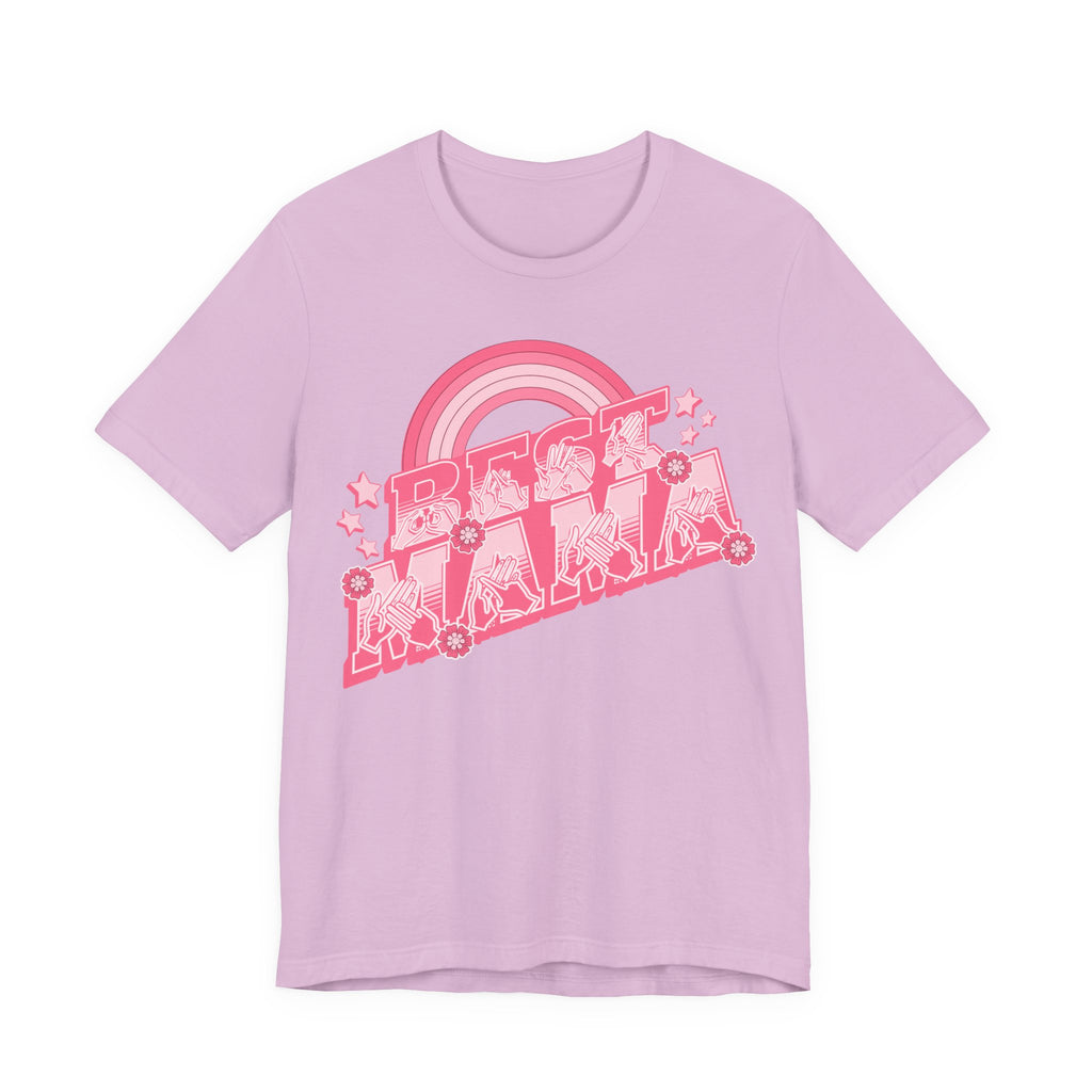 Lilac T-shirt with ‘Best Mama’ shown in BSL fingerspelling and text, with rainbow, stars, and floral accents