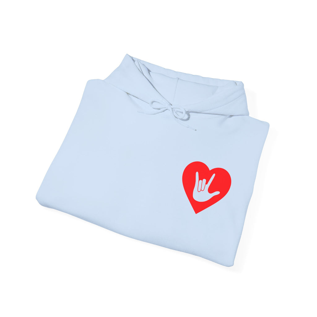 Folded light blue hoodie showing a red coloured heart and the iconic ASL I Love You sign embedded in it on the left side of the chest