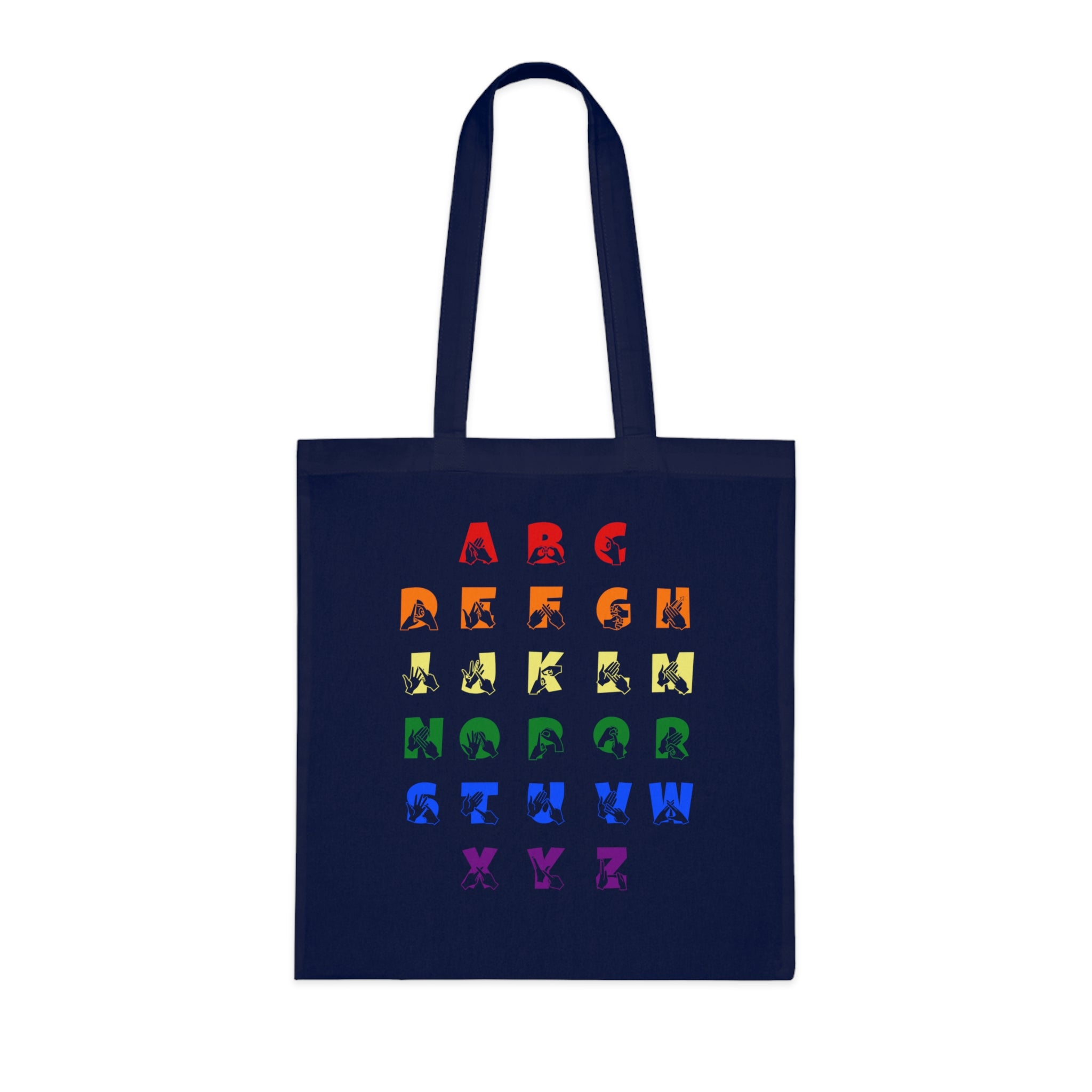 Navy blue Tote Bag with BSL Alphabet - Pride Fingerspelling & Text