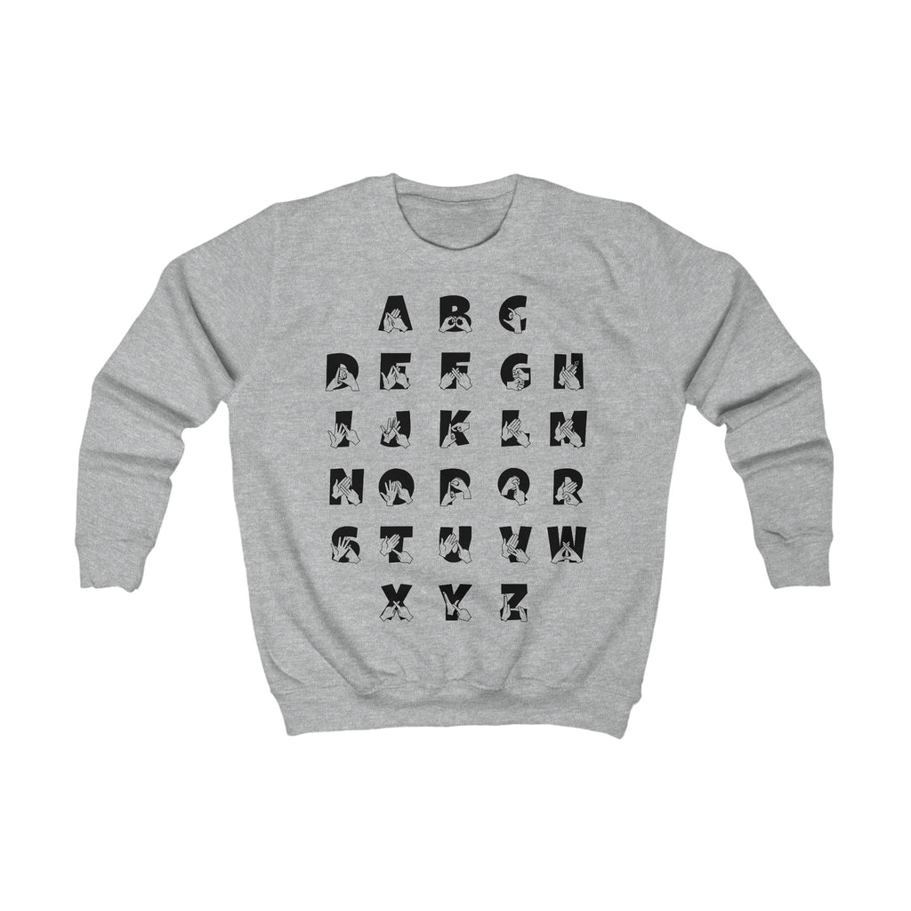 Front view of a heather grey sweatshirt with BSL Alphabet - Black Fingerspelling & Text