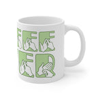 White mug featuring the phrase Coffee Lover written in BSL Fingerspelling and Text wrapping around the mug in green. The mug handle is on the right hand side of the mug.