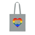 Grey Tote Bag showing a Pride coloured heart and the iconic BSL Love sign embedded in it