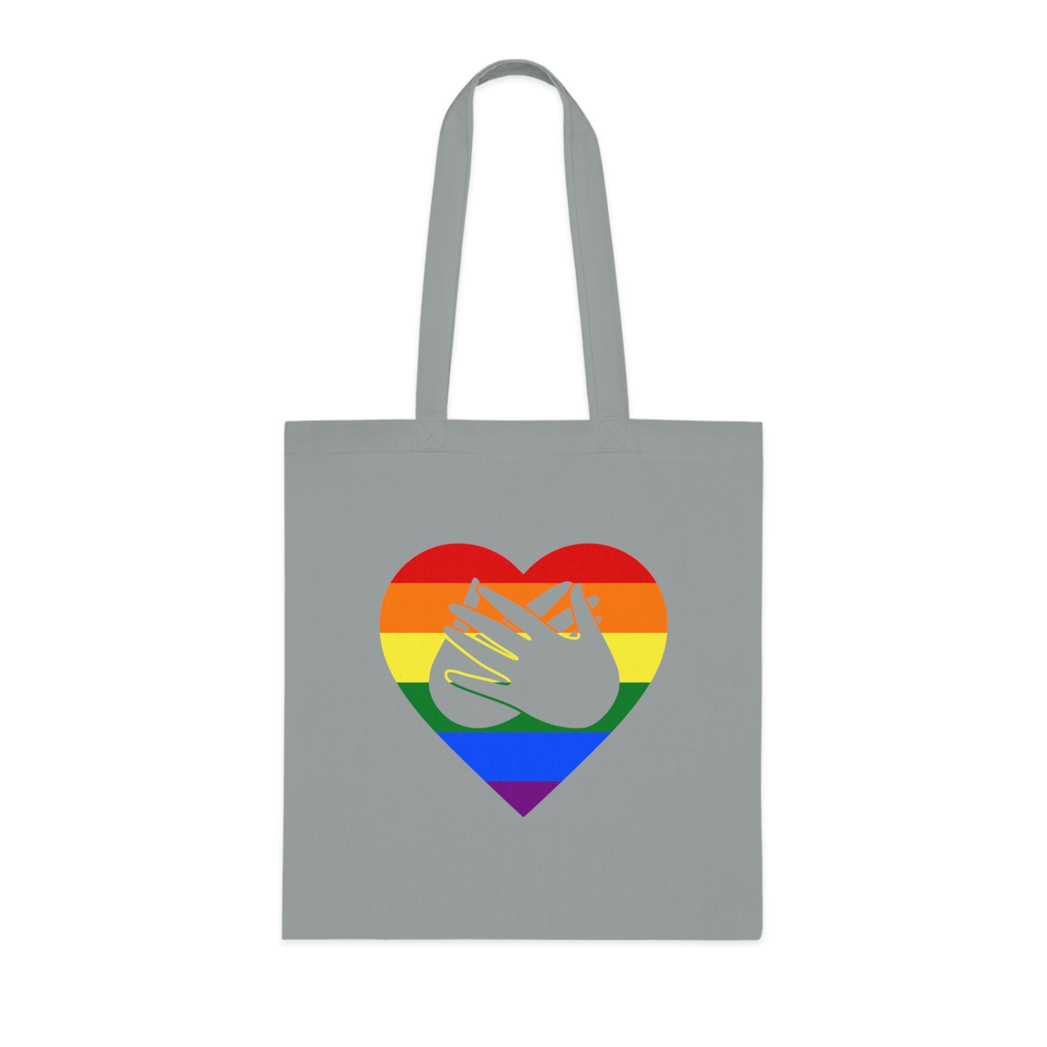 Grey Tote Bag showing a Pride coloured heart and the iconic BSL Love sign embedded in it