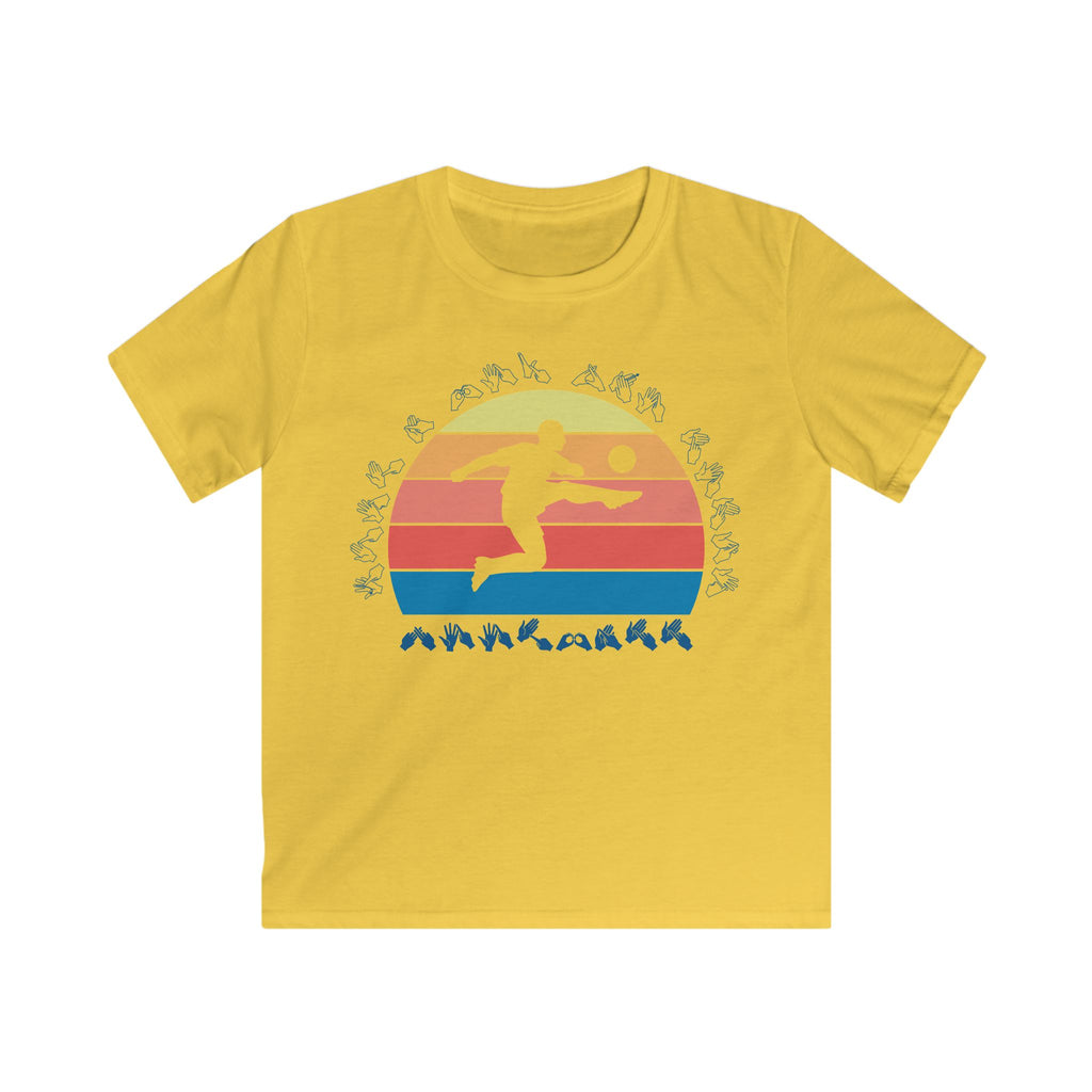 Daisy t-shirt with the phrase "Just a Boy Who Loves Football" in BSL Fingerspelling  featuring a colourful retro sunset and a silhouette of a boy kicking a football.