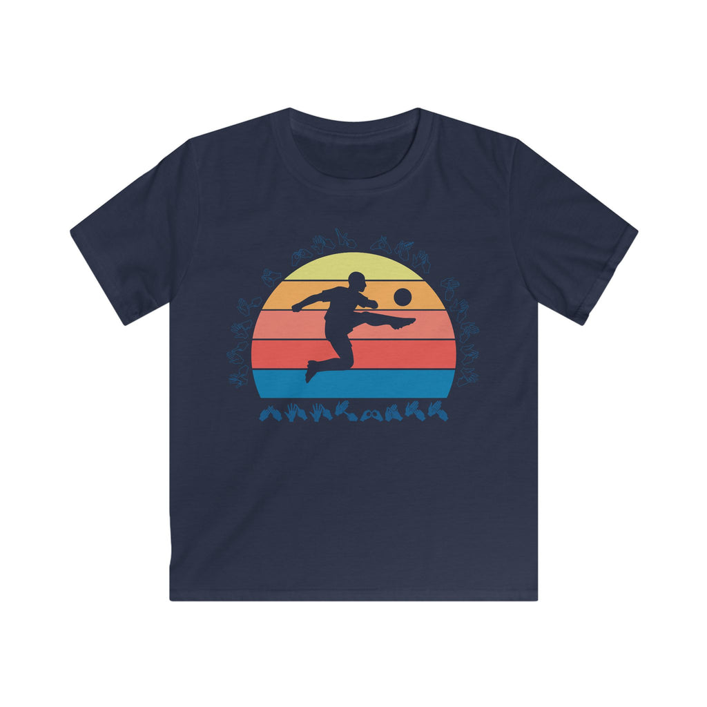 Navy t-shirt with the phrase "Just a Boy Who Loves Football" in BSL Fingerspelling  featuring a colourful retro sunset and a silhouette of a boy kicking a football.