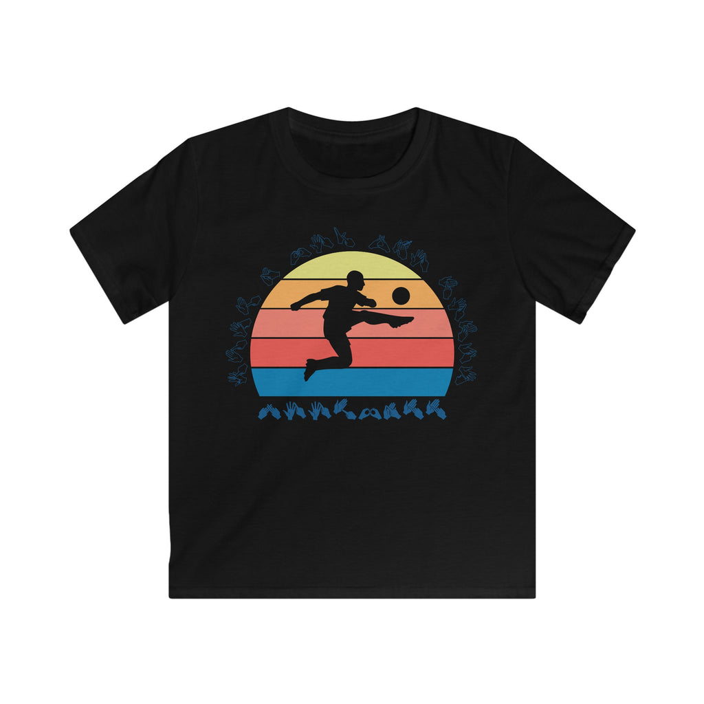Black t-shirt with the phrase "Just a Boy Who Loves Football" in BSL Fingerspelling  featuring a colourful retro sunset and a silhouette of a boy kicking a football.
