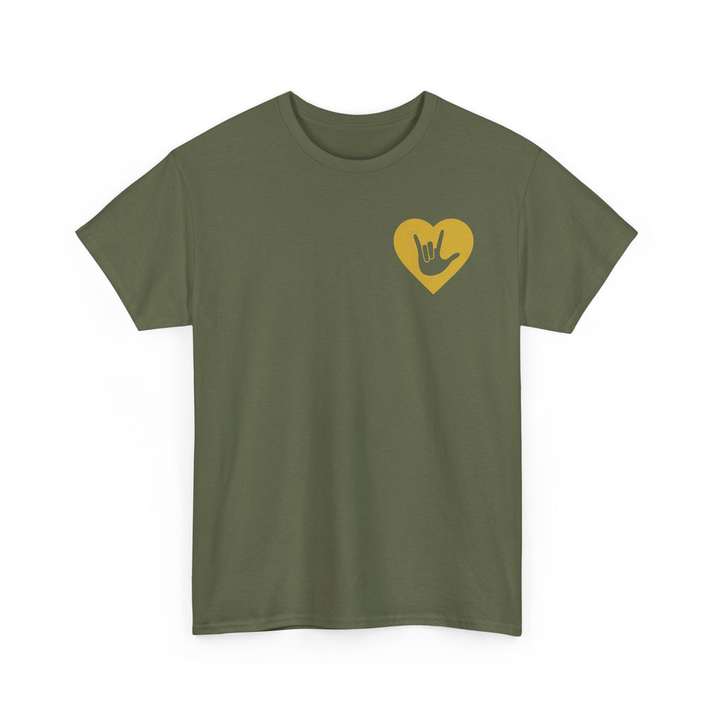 Front view of a military green T-Shirt showing a gold coloured heart and the iconic ASL I Love You sign embedded in it on the left side of the chest