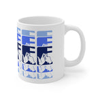 White mug featuring the phrase Coffee written in BSL Fingerspelling and Text wrapping around the mug in blue cutaway design. The mug handle is on the right hand side of the mug.