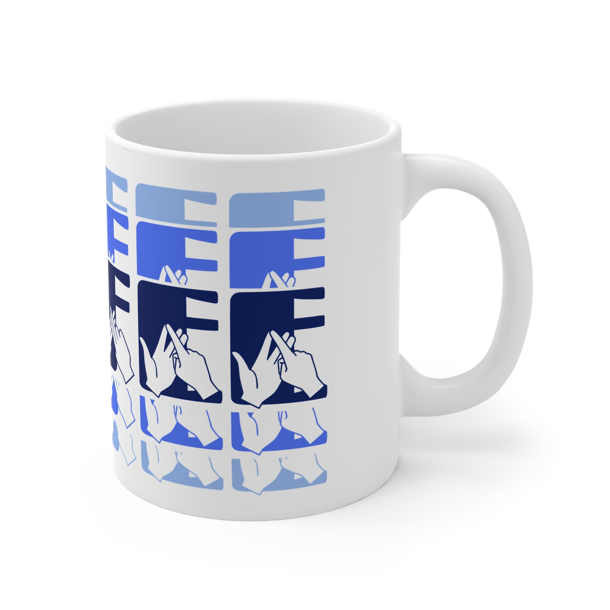 White mug featuring the phrase Coffee written in BSL Fingerspelling and Text wrapping around the mug in blue cutaway design. The mug handle is on the right hand side of the mug.