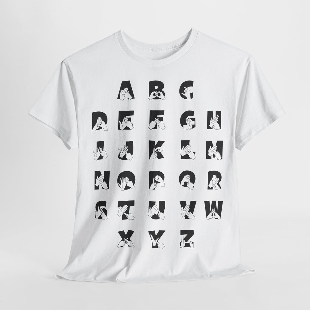 Front view of a white t-shirt with BSL Alphabet - Black Fingerspelling & Text on a light grey background