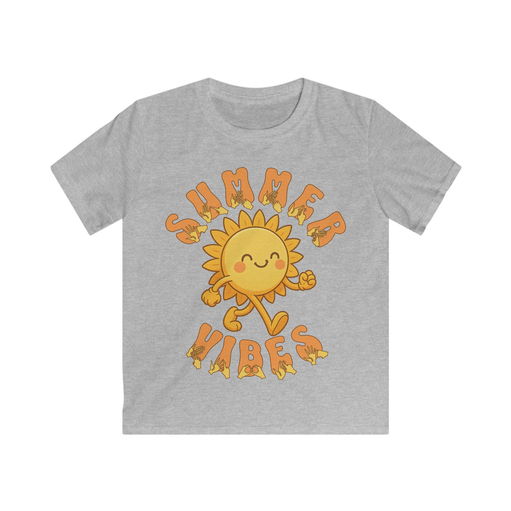 Sport grey kids’ t-shirt with a smiling cartoon sunshine and the phrase “summer vibes” in bold textured font, each letter showing British Sign Language fingerspelling underneath.