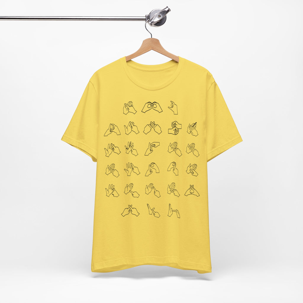 Front view of a maize yellow t-shirt with BSL Alphabet - Black Fingerspelling, on a hanger against a white background