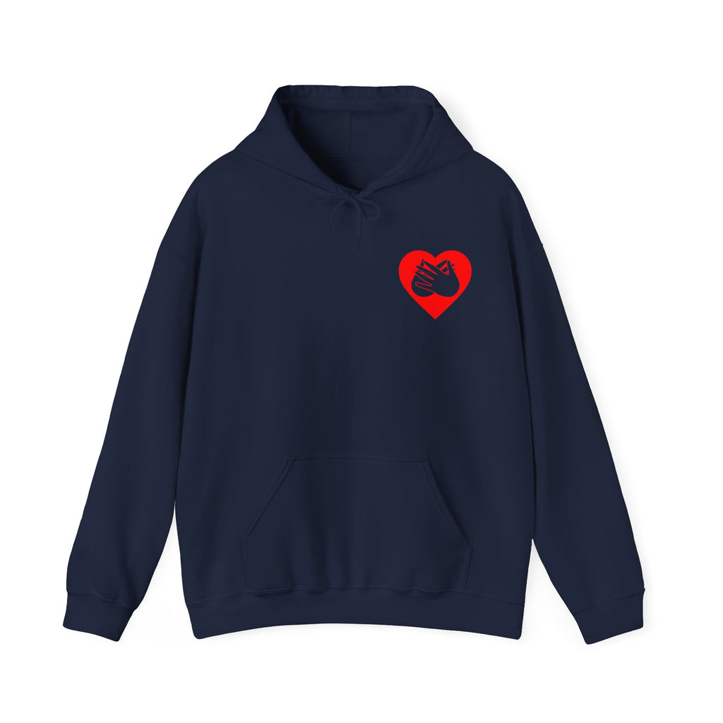 Front view of a navy hoodie showing a red coloured heart and the iconic BSL Love sign embedded in it on the left side of the chest