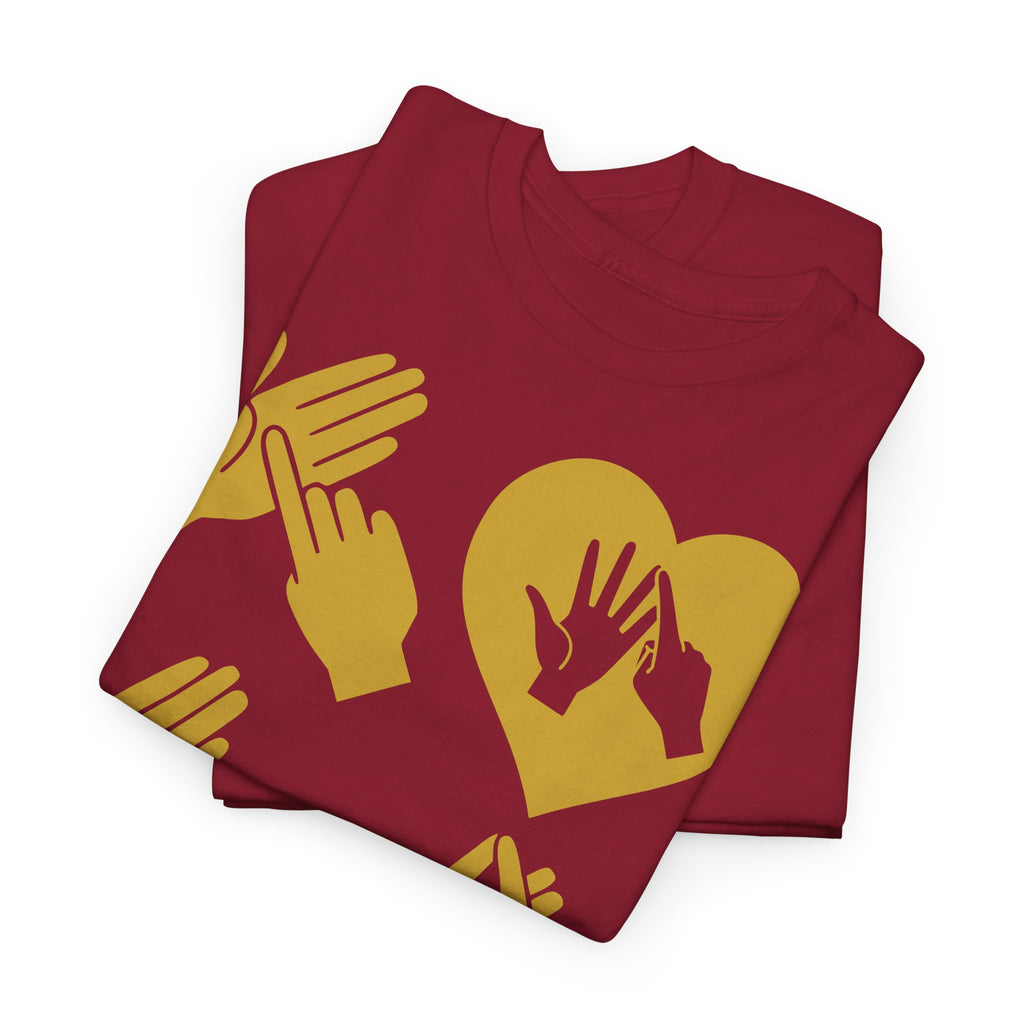 Folded cardinal red T-Shirt with the word Love in gold BSL Fingerspelling with the 'O' embedded in a heart shape