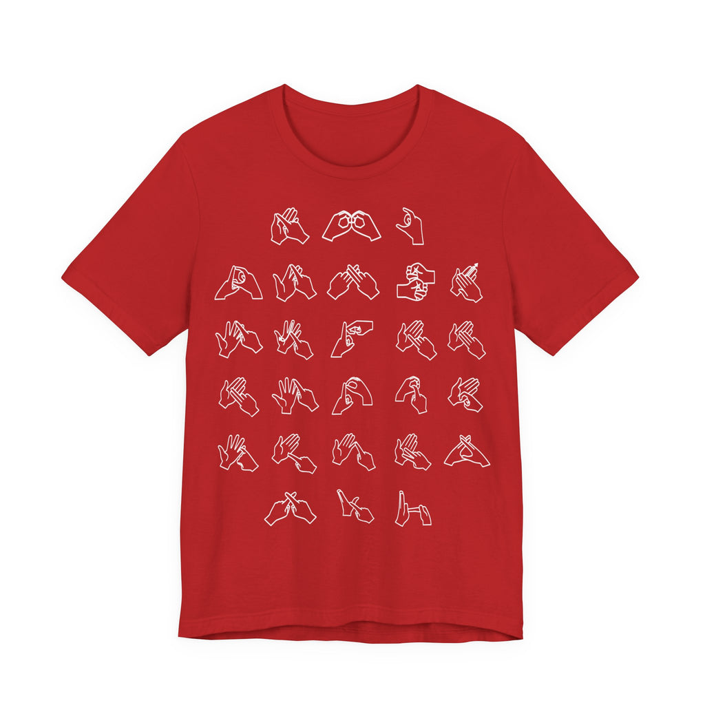 Front view of a red t-shirt with BSL Alphabet - White Fingerspelling