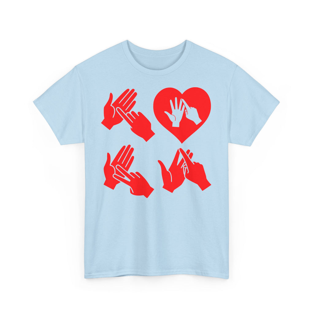Front view of a light blue T-Shirt with the word Love in red BSL Fingerspelling with the 'O' embedded in a heart shape 