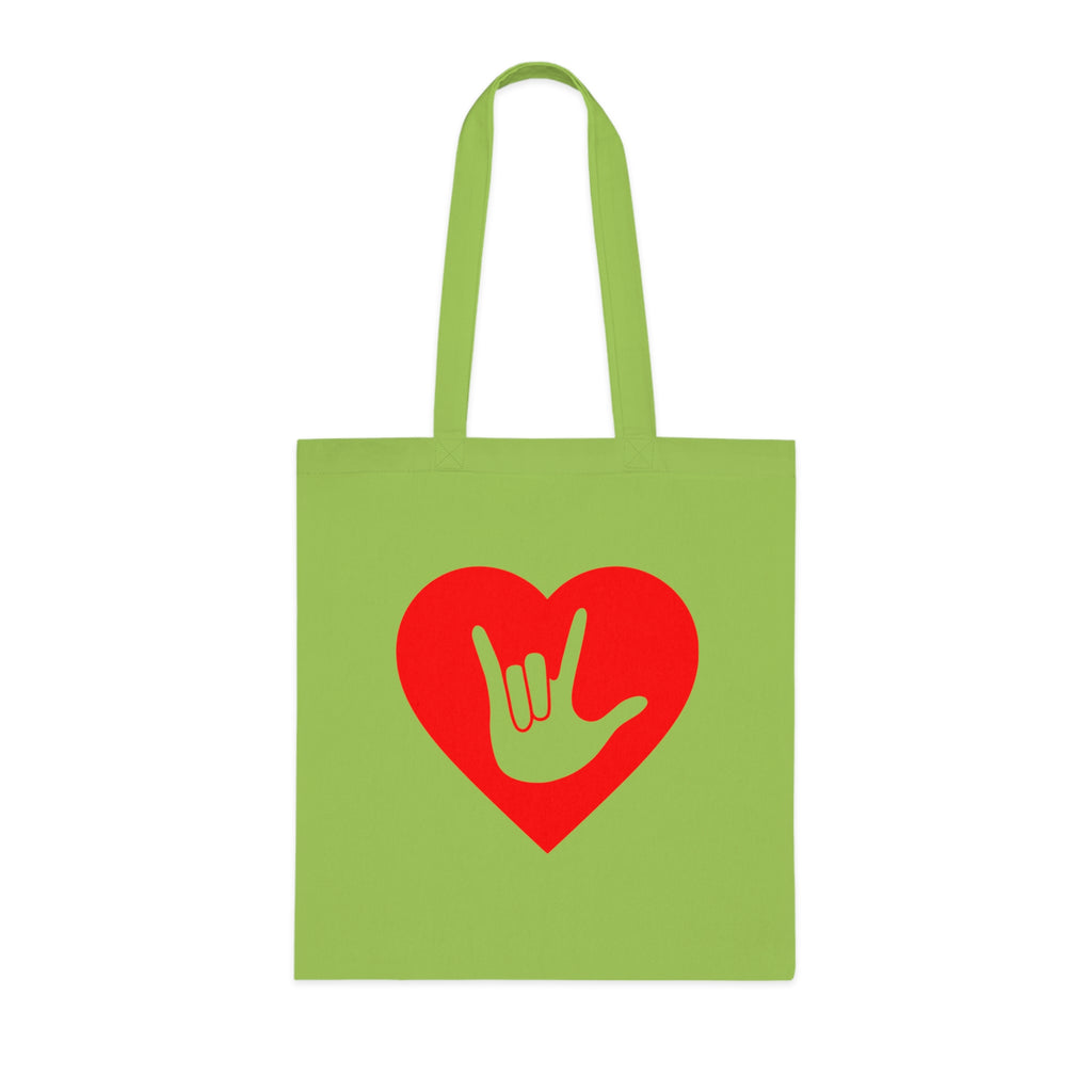 Lime Tote Bag showing a gold coloured heart with the iconic ASL I Love You sign embedded in it