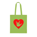 Lime Tote Bag showing a gold coloured heart with the iconic ASL I Love You sign embedded in it