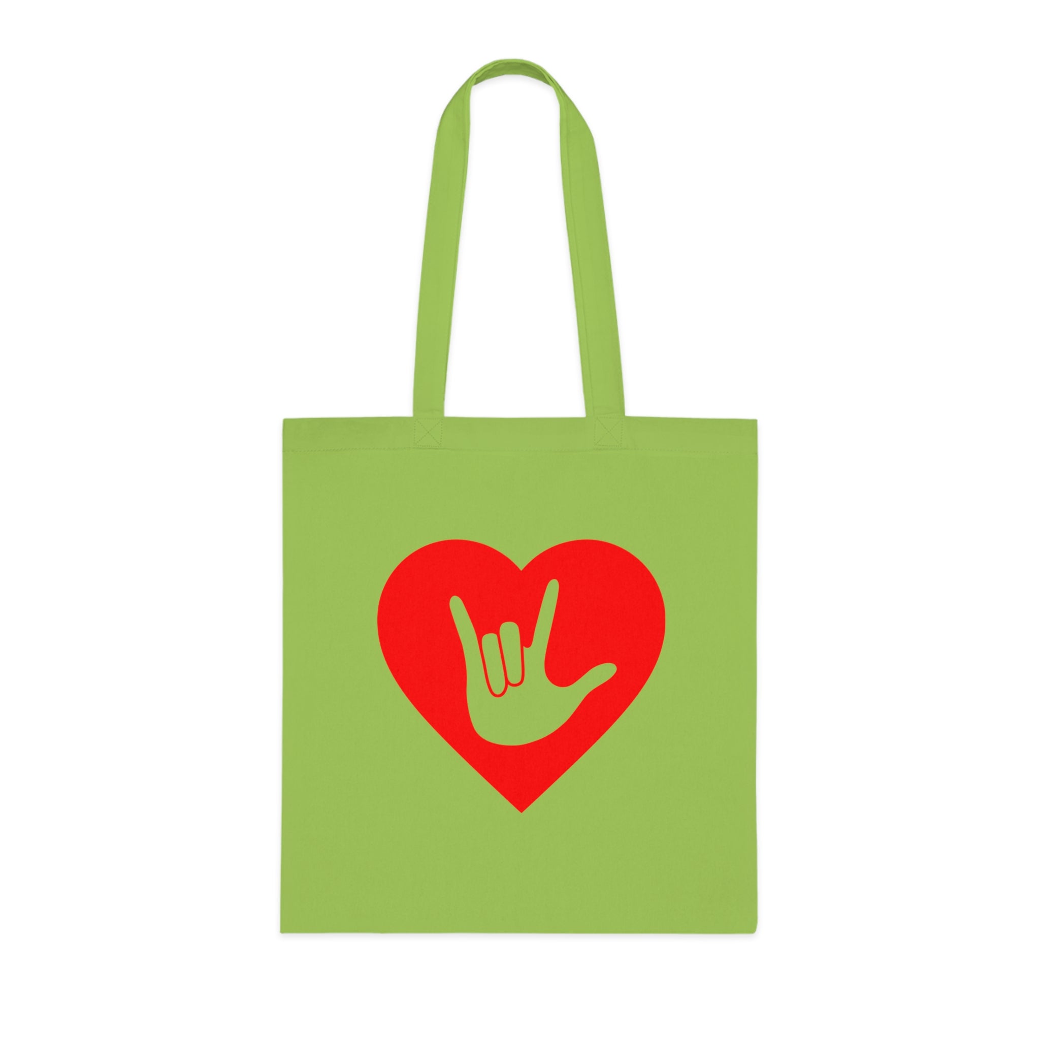 Lime Tote Bag showing a gold coloured heart with the iconic ASL I Love You sign embedded in it