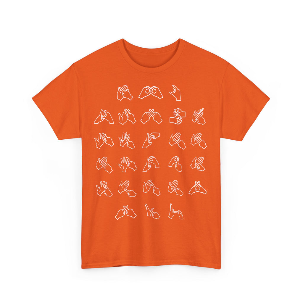 Front view of a Orange t-shirt with BSL Alphabet - White Fingerspelling