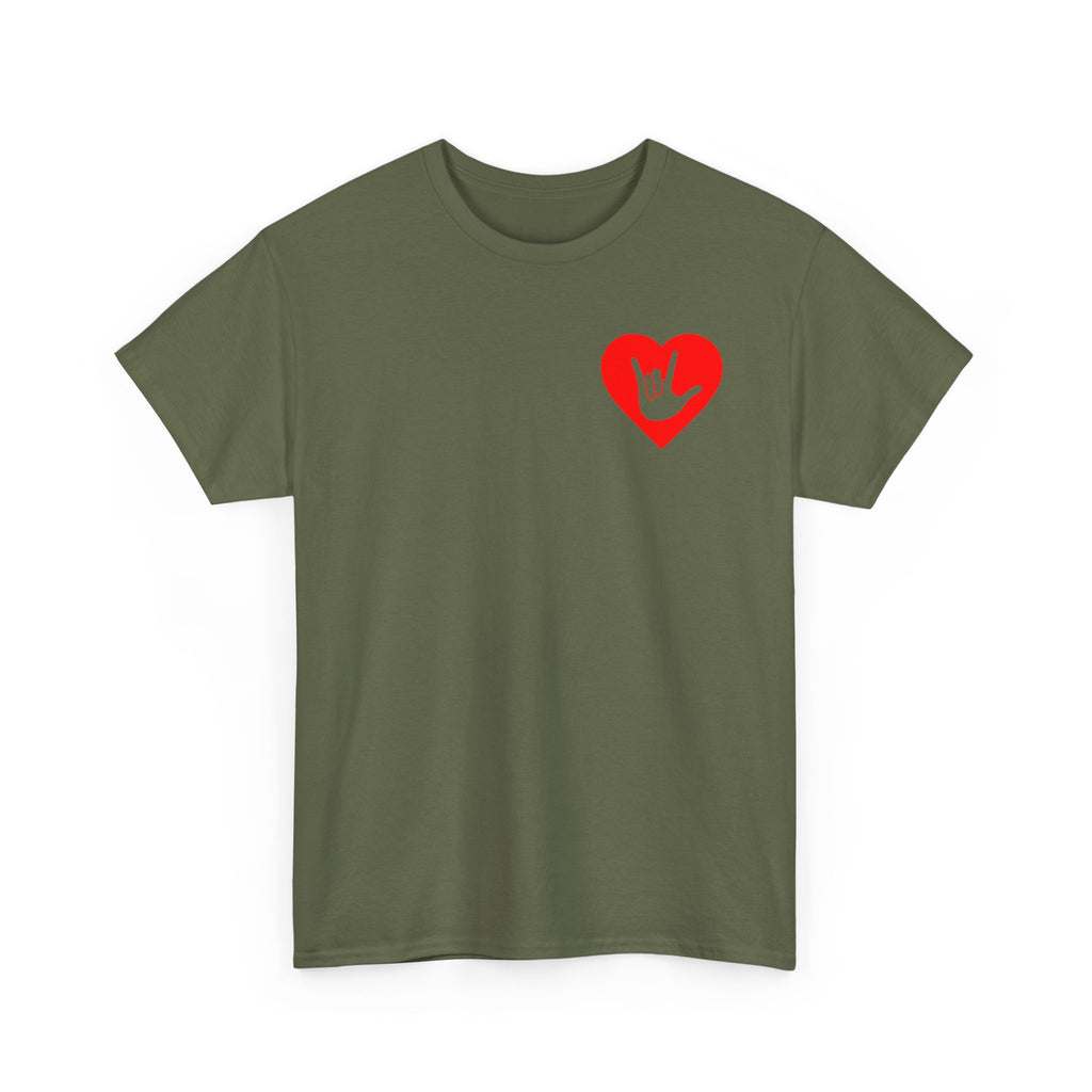 Front view of a military green T-Shirt showing a red coloured heart and the iconic ASL I Love You sign embedded in it on the left side of the chest